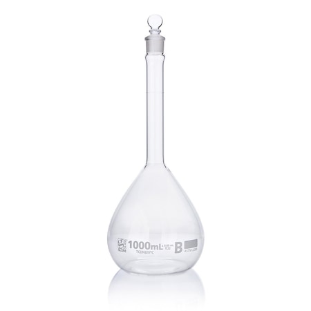 Globe Scientific Flask, Volumetric , Globe Glass, 1000mL, Class B, To Contain (TC), ASTME288, 1/Box 8251000